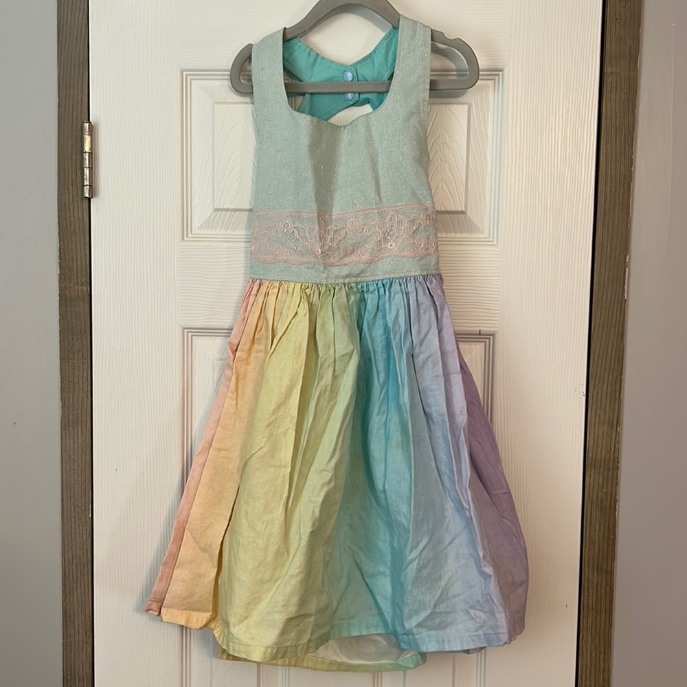 Custom made rainbow colored dress with a cut out back